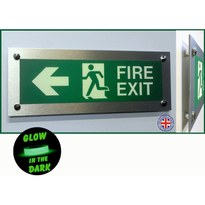 Fire Exit - Brushed Silver Wall Mounted with arrow/Photoluminesc